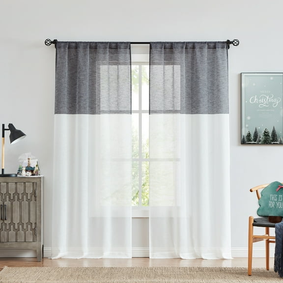 Uptown Home Black White Color Block Linen Window Curtain Panels Provide Privacy for Living Room Farmhouse Window Drapes with Rod Pocket Design, 50"x63"x2