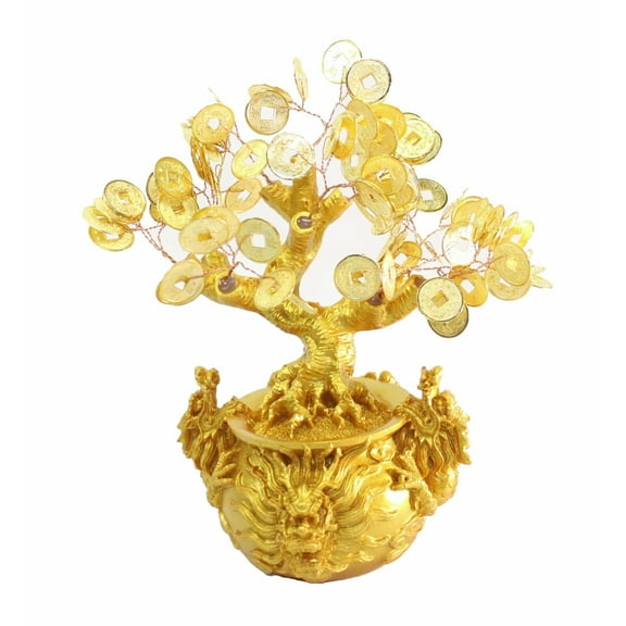 D13454 Feng Shui 7.5" Tall Money Tree Dragon Pot w/ Gold Coins Decor. for Luck / Wealth
