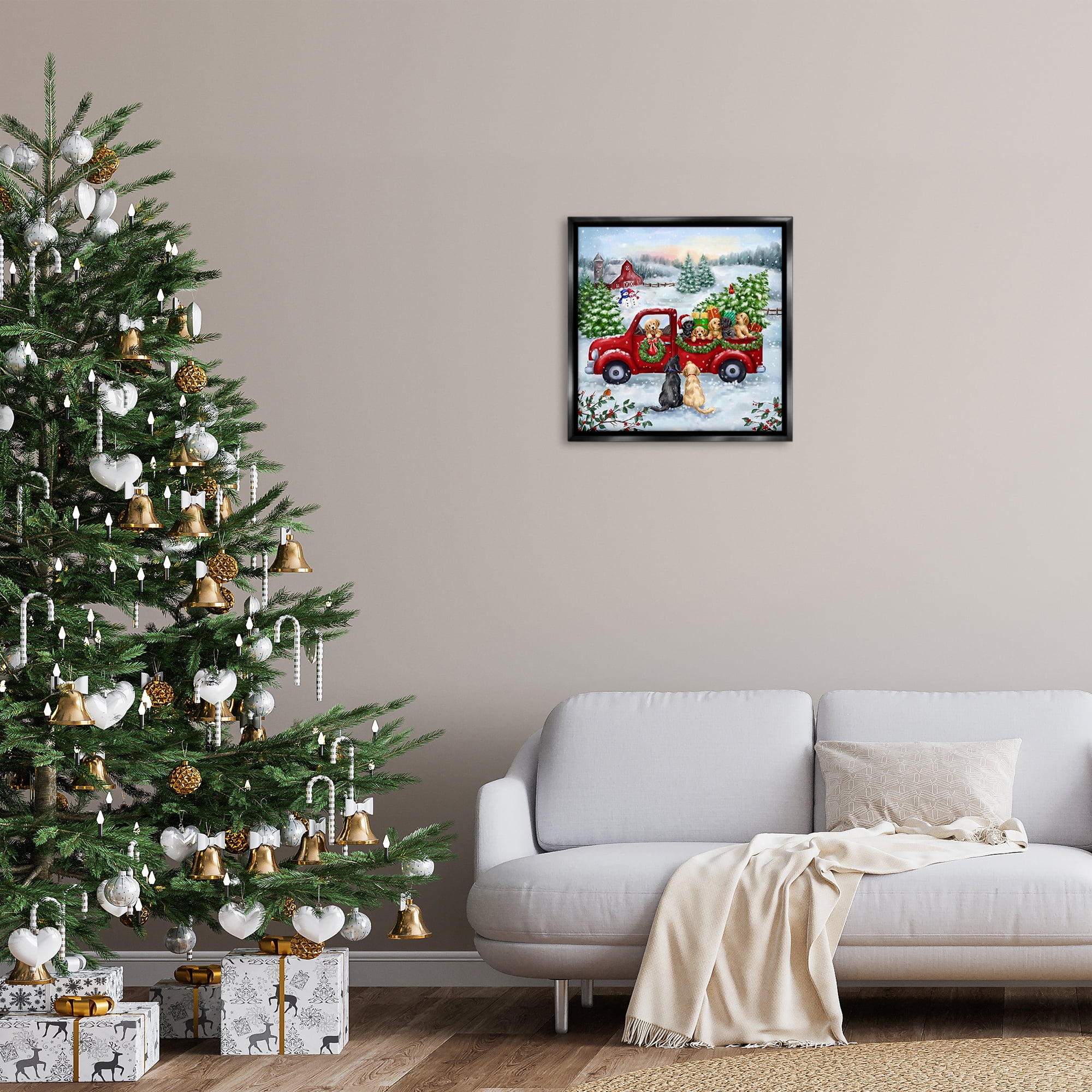 Stupell Industries Holiday Truck & Tree Holiday Painting Black Floater Framed Canvas Art Prints Wall Art, 25 x 25
