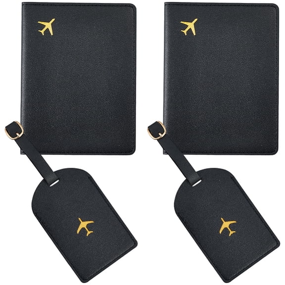 2 Sets Metallic Airplane Pattern Luggage Tag Mr and Mrs Honeymoon Passport Wallets Travel Holder PU Leather Black Couple Passport Cover Blocking Card Slots RFID Case Suitcase
