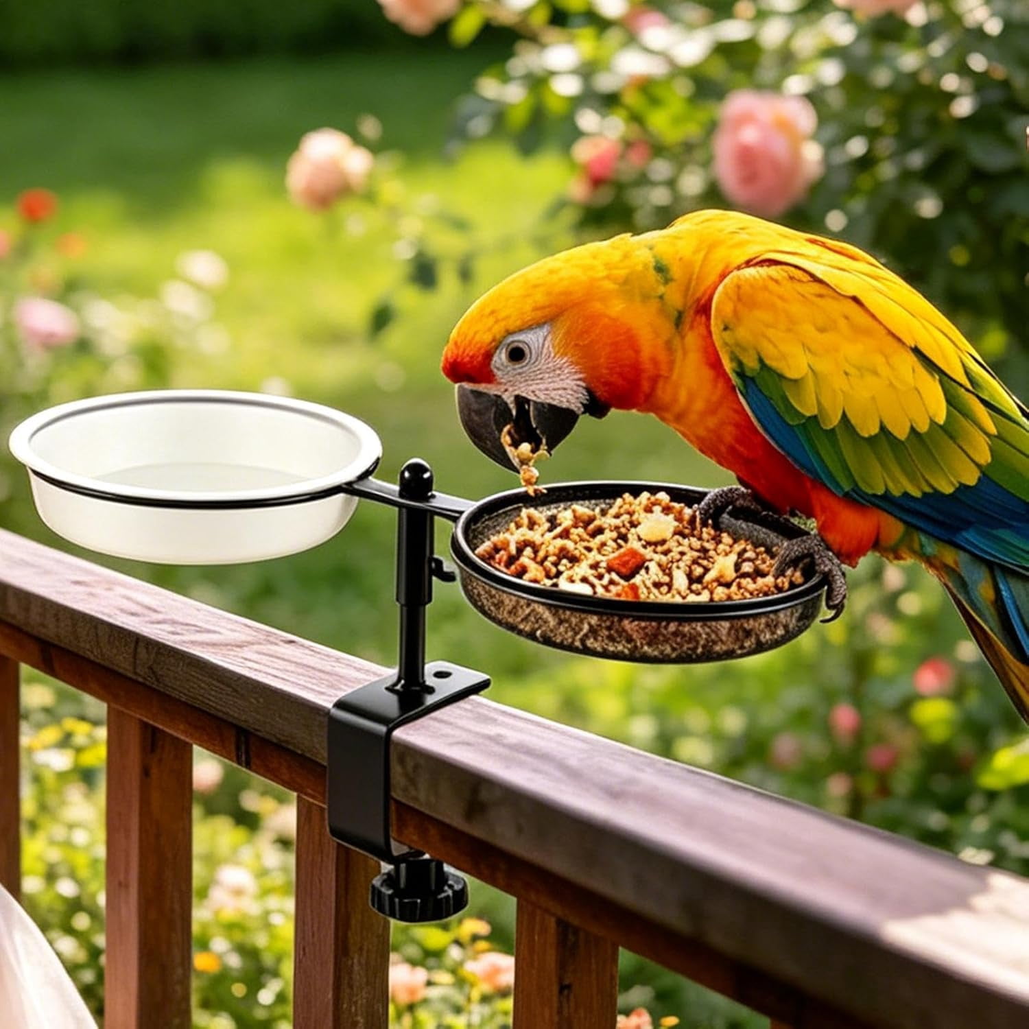 2 In 1 Outdoor Bird Feeding Station With Adjustable Clamp & Mesh Tray, Stable Bird Feeder Stand For Garden Backyard Patio Deck Balcony Fence Railing Bird Watching Gardening (K)