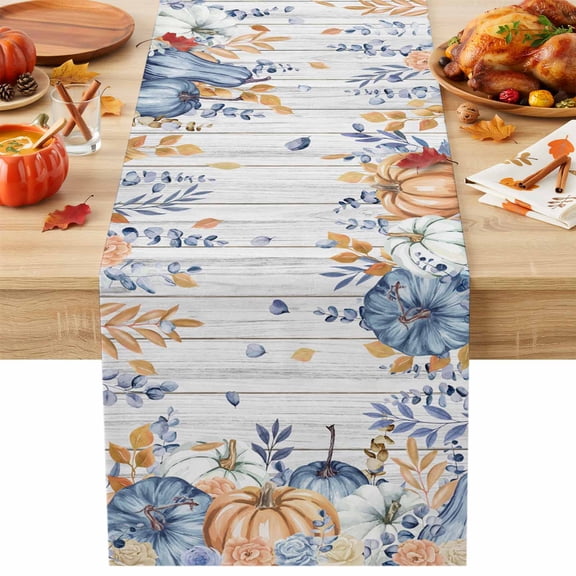 Orange Blue Fall Cotton Linen Table Runner Thanksgiving Botanical Floral Vintage Dining Table Runners for Home Decor Party Dining Room Restaurant Kitchen Party 13" x 48"