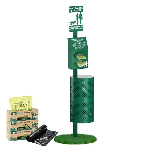 POCHAR Aluminum Rustproof Dog Waste Disposal Station for Pet Parks - 10 Gallon Outdoor Pet Poop Disposal Bin with Reflective Sign & Lid - Included 600 Pet Waste Bags (Green)