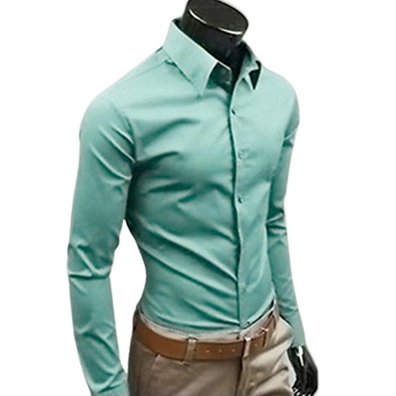Ayyufe Men's Solid Candy Color Long Sleeve Slim Fit Dress Shirt Top Celadon
