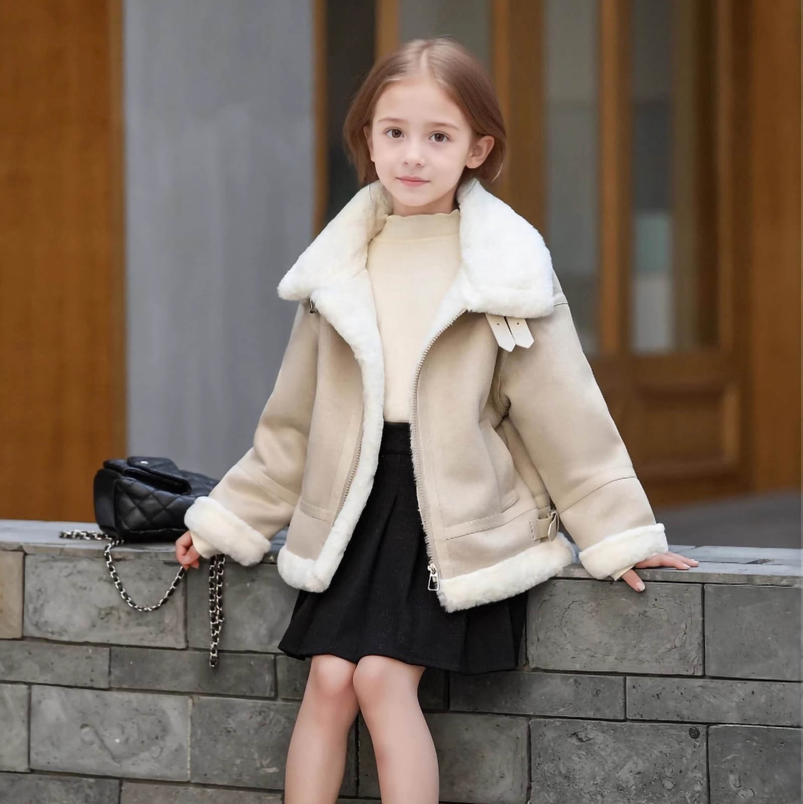 Girls Winter Faux Leather Jacket Long Sleeve Zip up Lapel Fleece Lined Thick Warm Coat Fall Trendy Kids Jackets (4 Years, White)