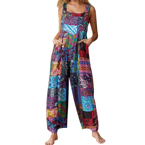 PUWEI Women's Summer Casual Boho Romper Floral Print Overalls Loose Wide Leg Jumpsuits with Pockets