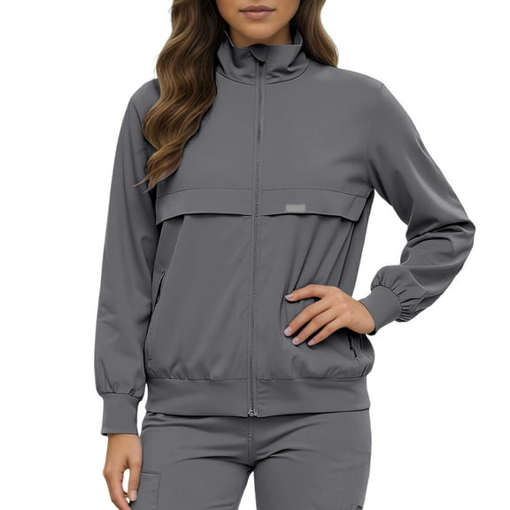 Men's Womens Long Sleeve Stand Collar Scrub Jacket Medical Uniform Multi Pocket Thick Warm Easy Care Grey XXL