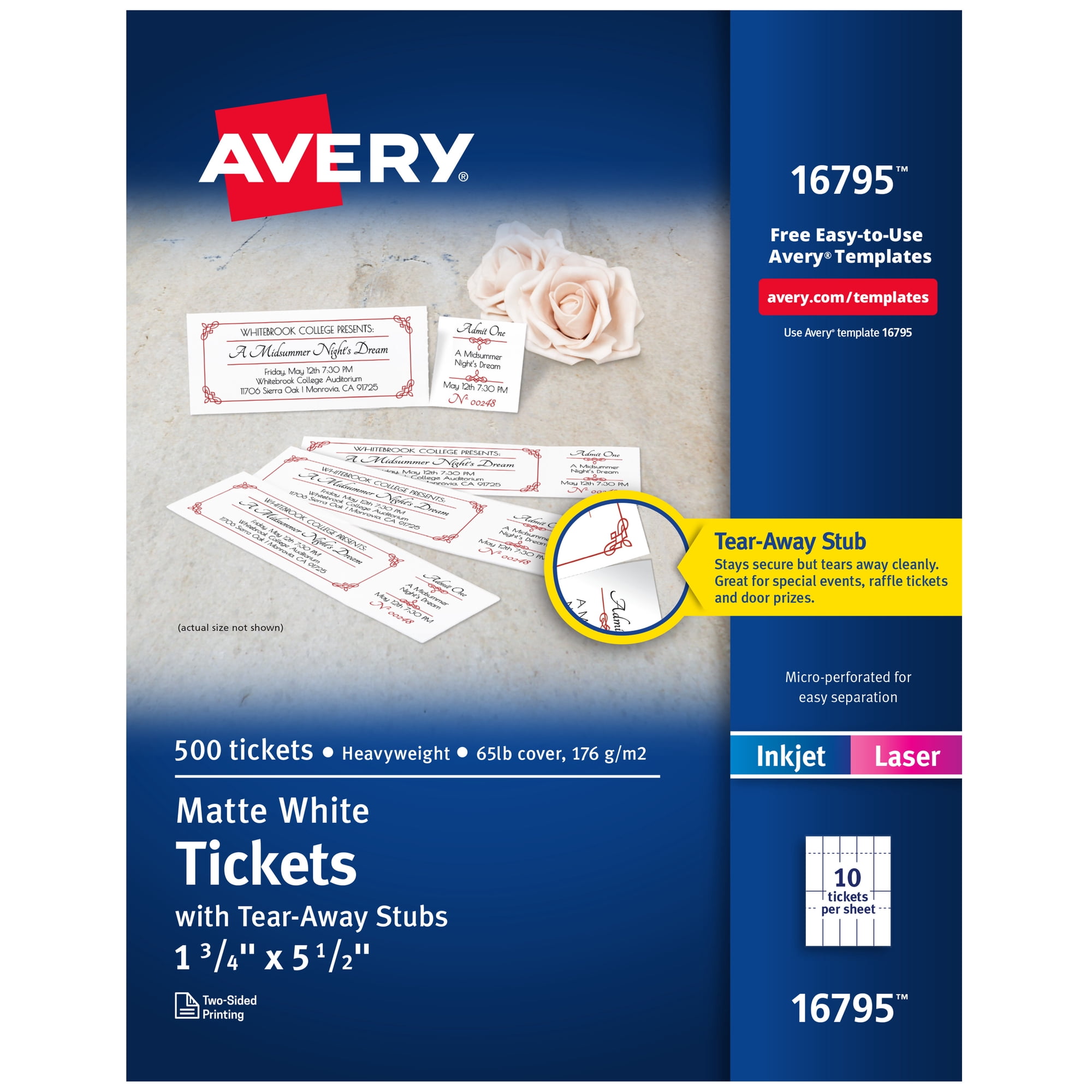 Avery Printable Tickets with Tear-Away Stubs, 1.75" x 5.5" (16795)