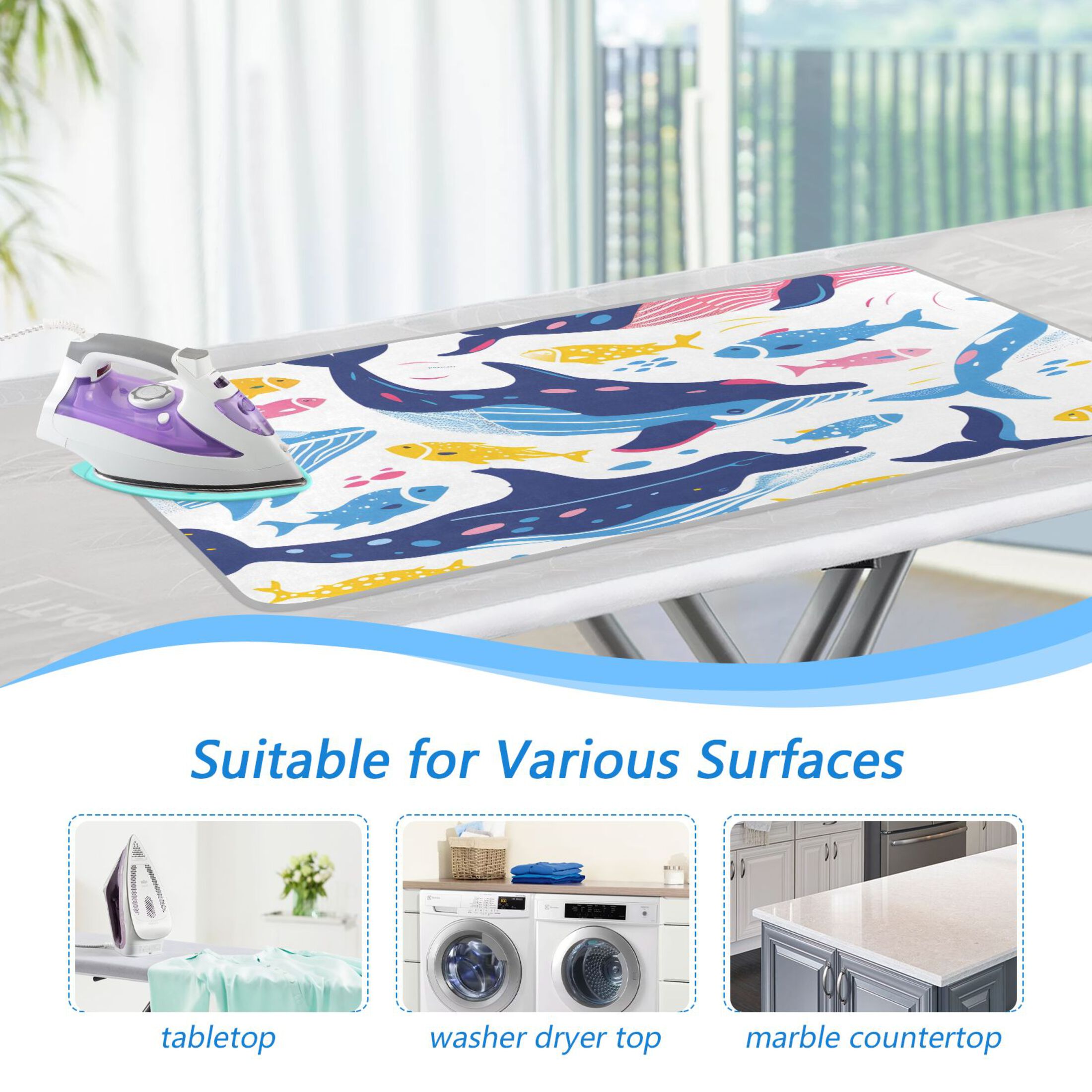 Colorful Whales Fishes Ironing Mat Blanket Portable Travel Ironing Pad Heat Resistant Pad 47.2" x 27.6”