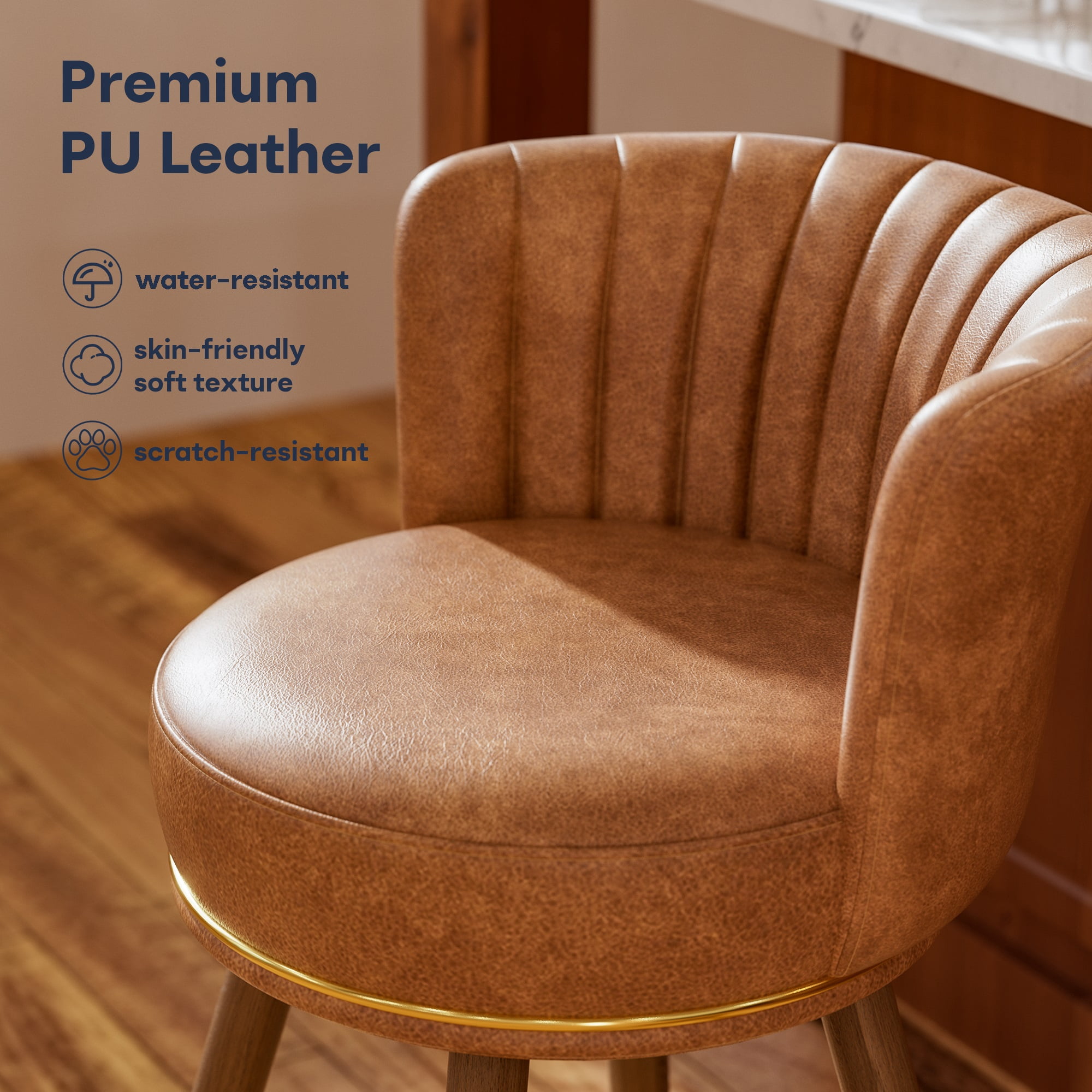 Ninecer Counter Height Bar Stools Set of 4, 26 Inch Swivel PU Leather Bar Chairs with Back and Footrest, Round Low Back Barstools for Kitchen Island Dining Room, Brown