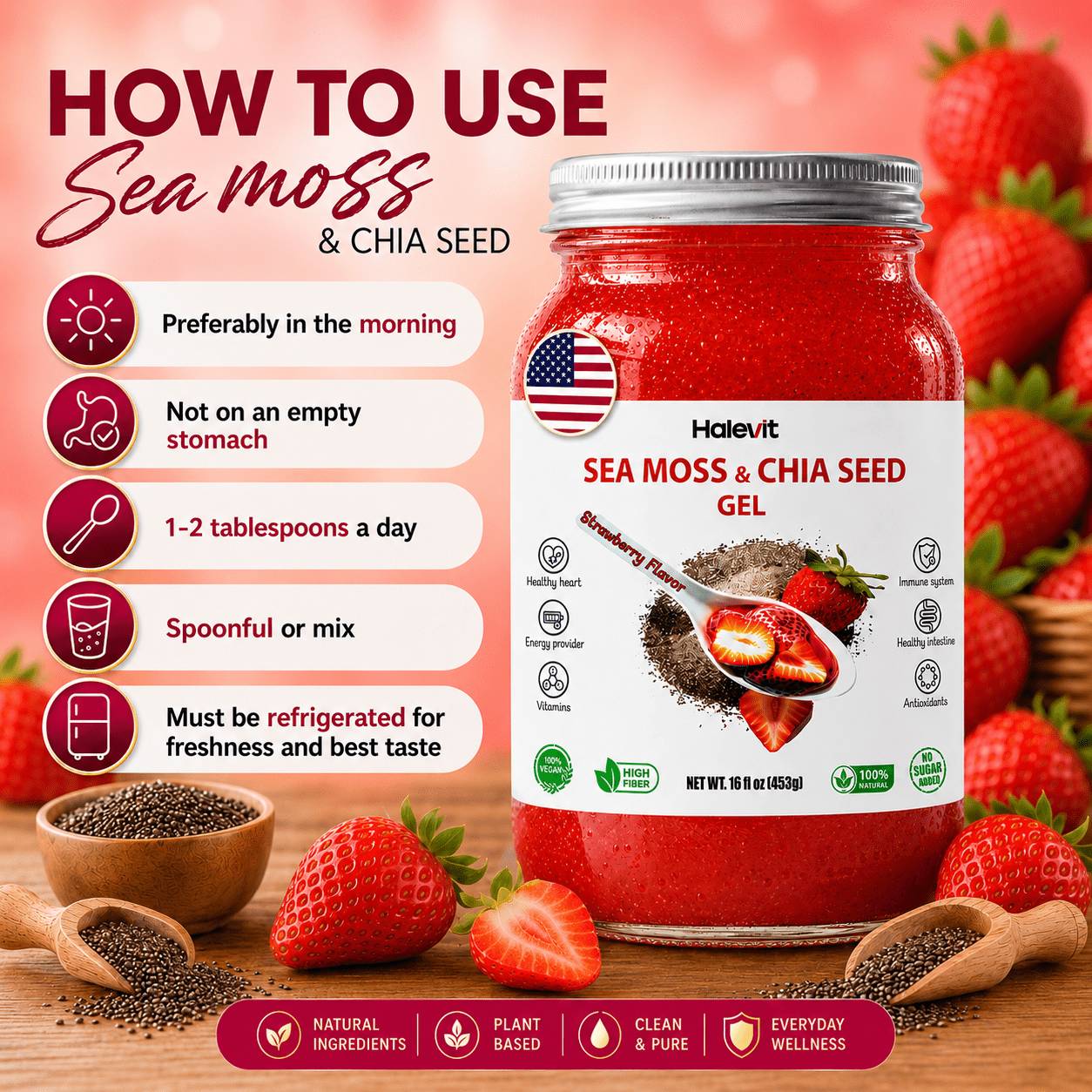 Halevit Wildcrafted Irish Sea Moss Gel | Sea Moss, Chia Seeds, Strawberry | 16 Oz | Made in USA | 80 oz | 5-Pack