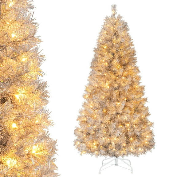 Gymax 6 FT Pre-Lit Artificial Christmas Tree Silver Tinsel Hinged Xmas Tree