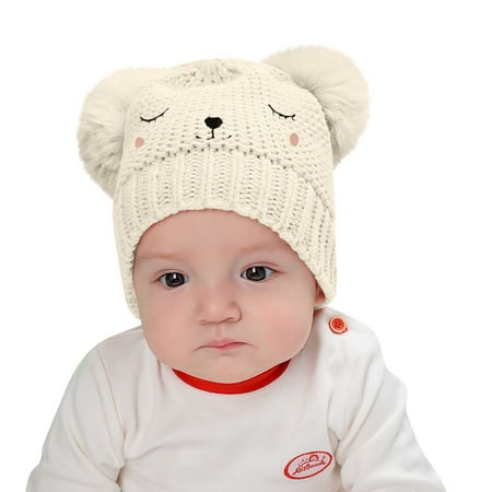 

BIZIZA Baby Hats Toddler Warm Pompom Cute Caps Beanie Cartoon Print for 0-3Y Newborn White One Size
