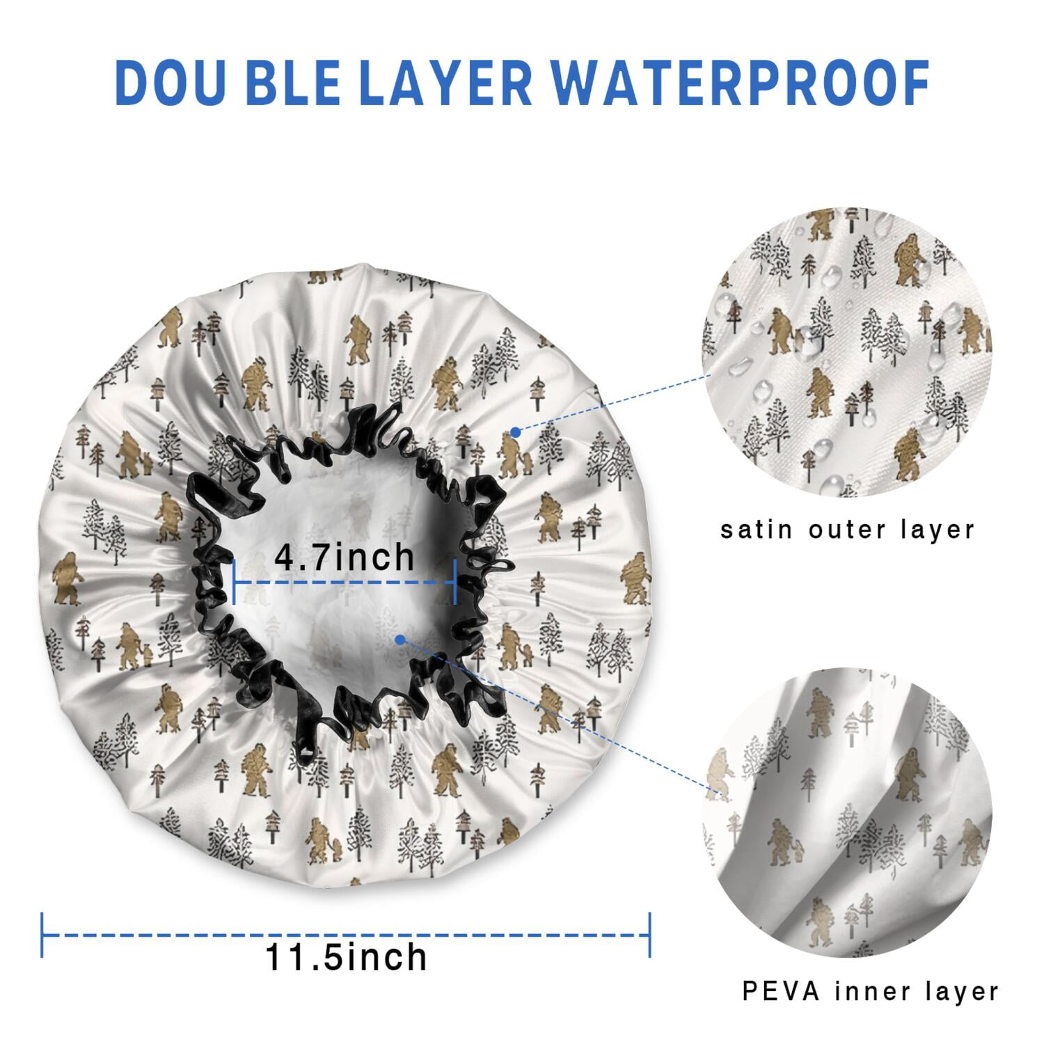 Shower Caps,White Bigfoot and Tree Pattern Waterproof Shower Cap for Women 4 Pieces,Double Reusable Hair Cover for Shower PEVA Elastic Stretch Hem