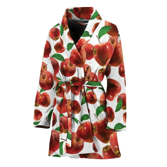 Red Apple Pattern Women Bathrobe One Size Univeral Fits, Apple Fruits Fashion Lightweight Plush Fleece Long Robe For Women
