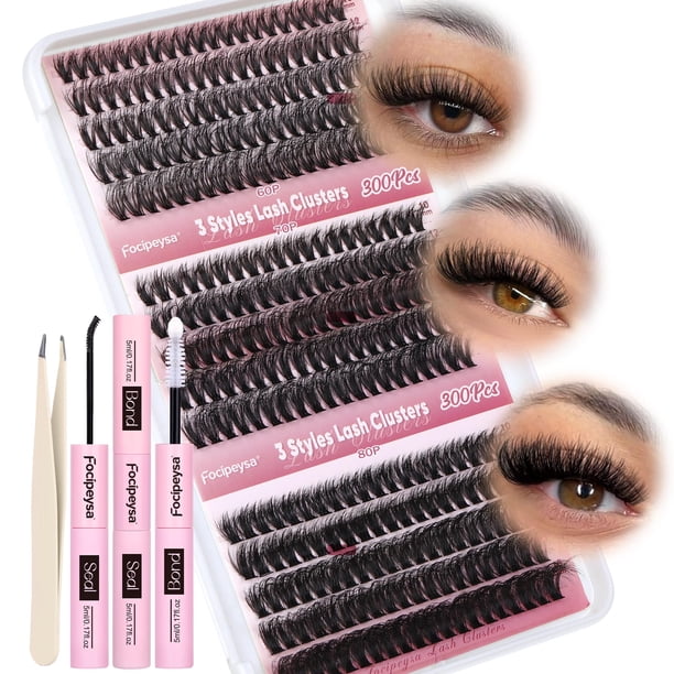 Kit de extensión de pestañas Focipeysa Lash Clusters, 300 unidades, 9-16 mm
