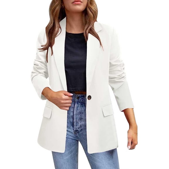 XFLWAM Womens Casual Single Breasted Blazer Jacket Pockets Long Sleeve Open Front Work Office Blazer Lapel Button Jacket White S