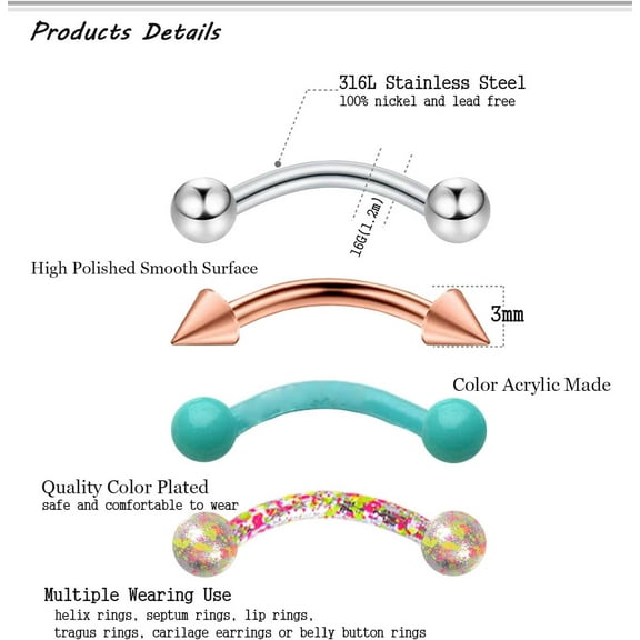 GHRTGR-20-48Pcs 16G Eyebrow Piercing Rook Curved Barbell Kit Eyebrow Tragus Lip Rings for Women Men 8-10mm