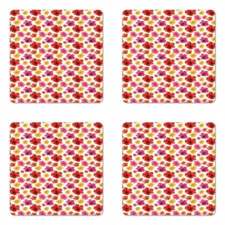

Watercolor Flowers Coaster Set of 4 Tropical Paintbrush Style Bloom of Hibiscus Poppy Petal Coastal Vibes Square Hardboard Gloss Coasters Standard Size Multicolor by Ambesonne