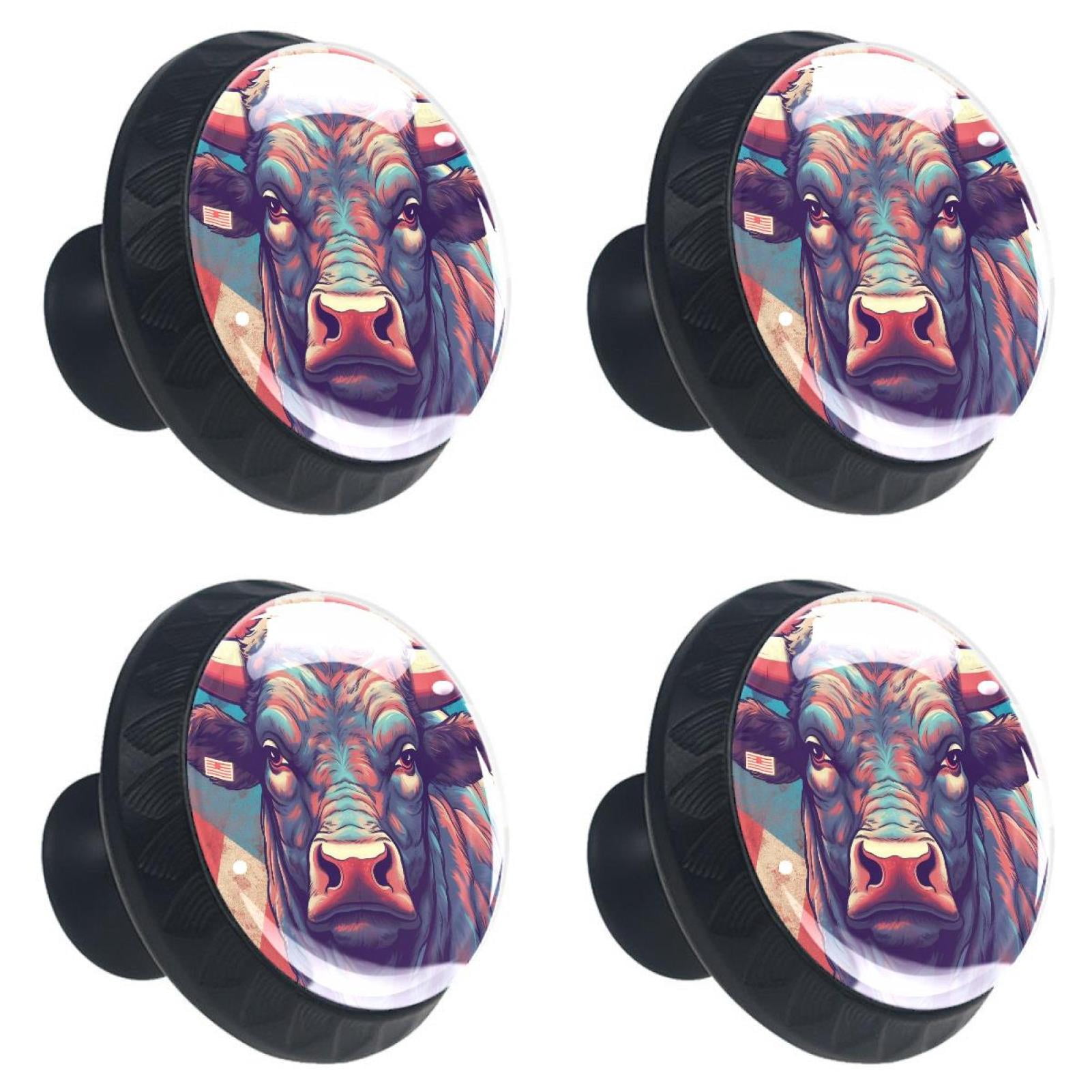 4 Pcs Cow American Flag Knobs for Kitchen Cabinet Cupboard Dresser Bookcase Drawer Pulls Handles Round Home Decor