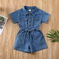 thumbnail image 3 of Toddler Baby Girl Clothes 6M 12M 18M 24M 2Y 3Y 4Y Denim Pocket Romper Short Sleeve Drawstring Jumpsuit One-Piece Coverall, 3 of 9