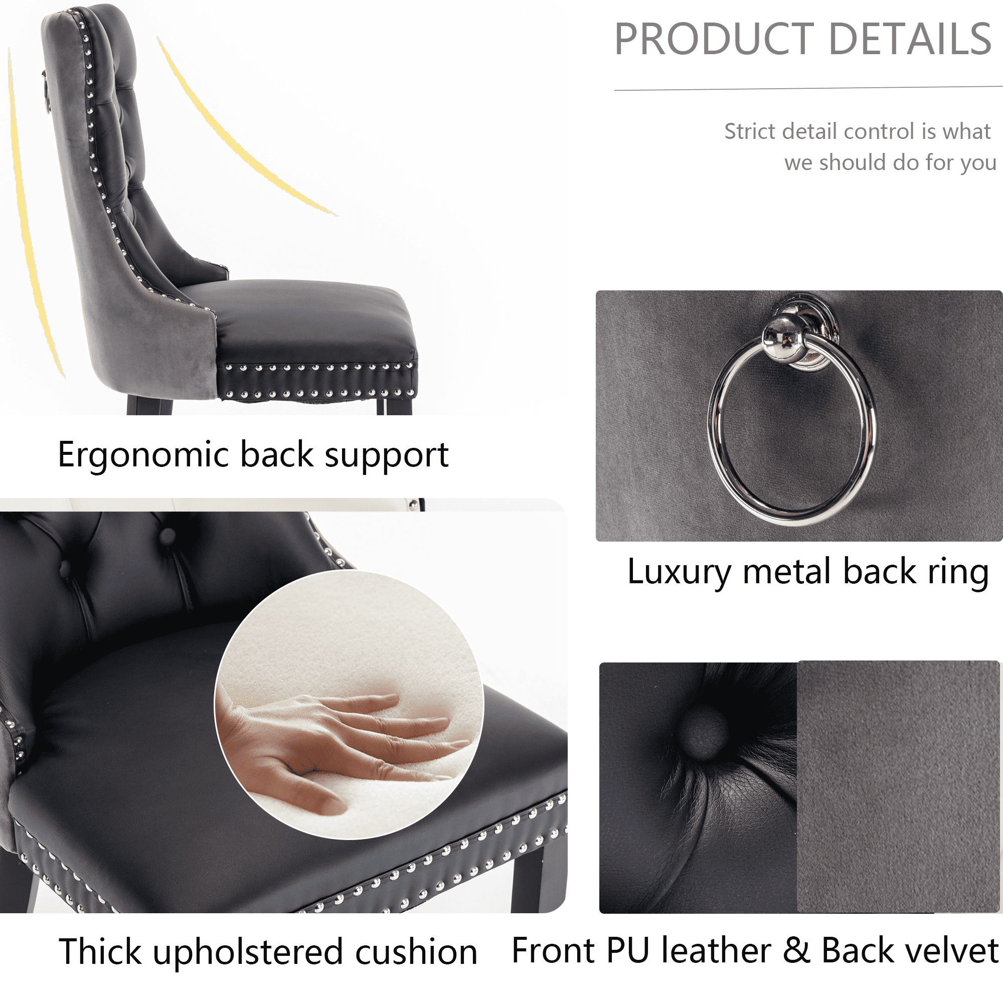 Rhomtree Faux Leather Tufted Dining Side Chairs, Black/Gray (Set of 2)