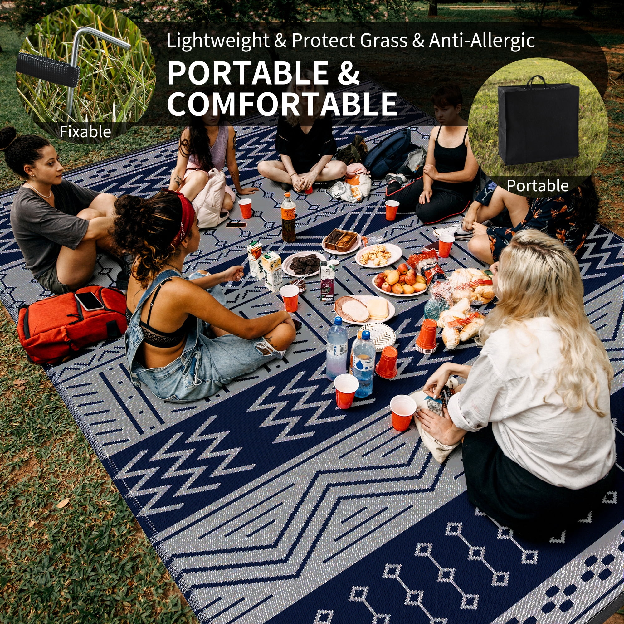 SIXHOME Outdoor Rug 9'x12' Waterproof Patio Rug Reversible Indoor Outdoor Rug Lightweight Plastic Straw Rug for RV Camping Deck Balcony Boho Porch Decor Blue and Gray