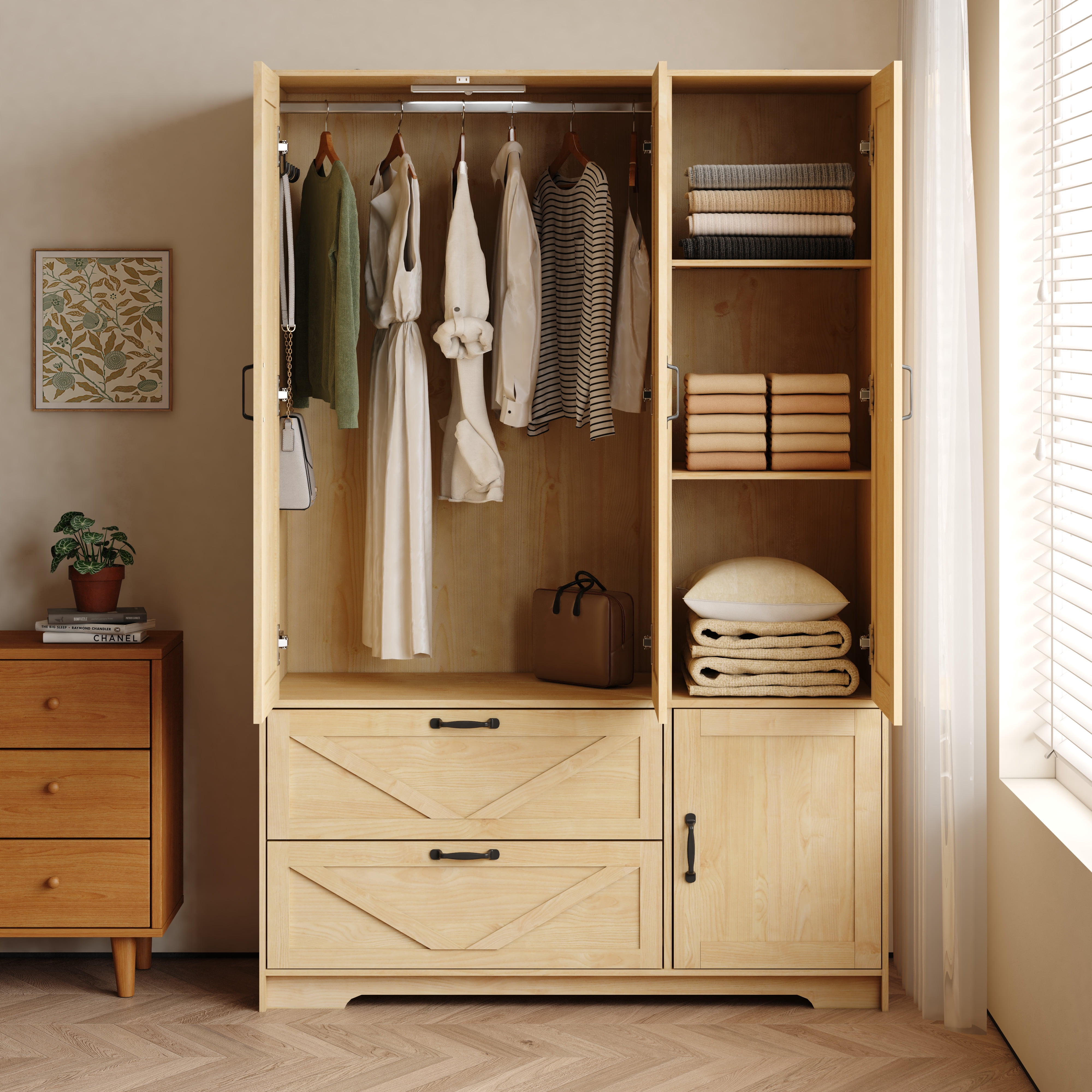 Mintazer FarmhouseWardrobe Armoire with Mirror & 4 Door, 71" Tall Freestanding Clothing Storage Cabinet with LED Light & 2 Large Drawers for Bedroom, Natural