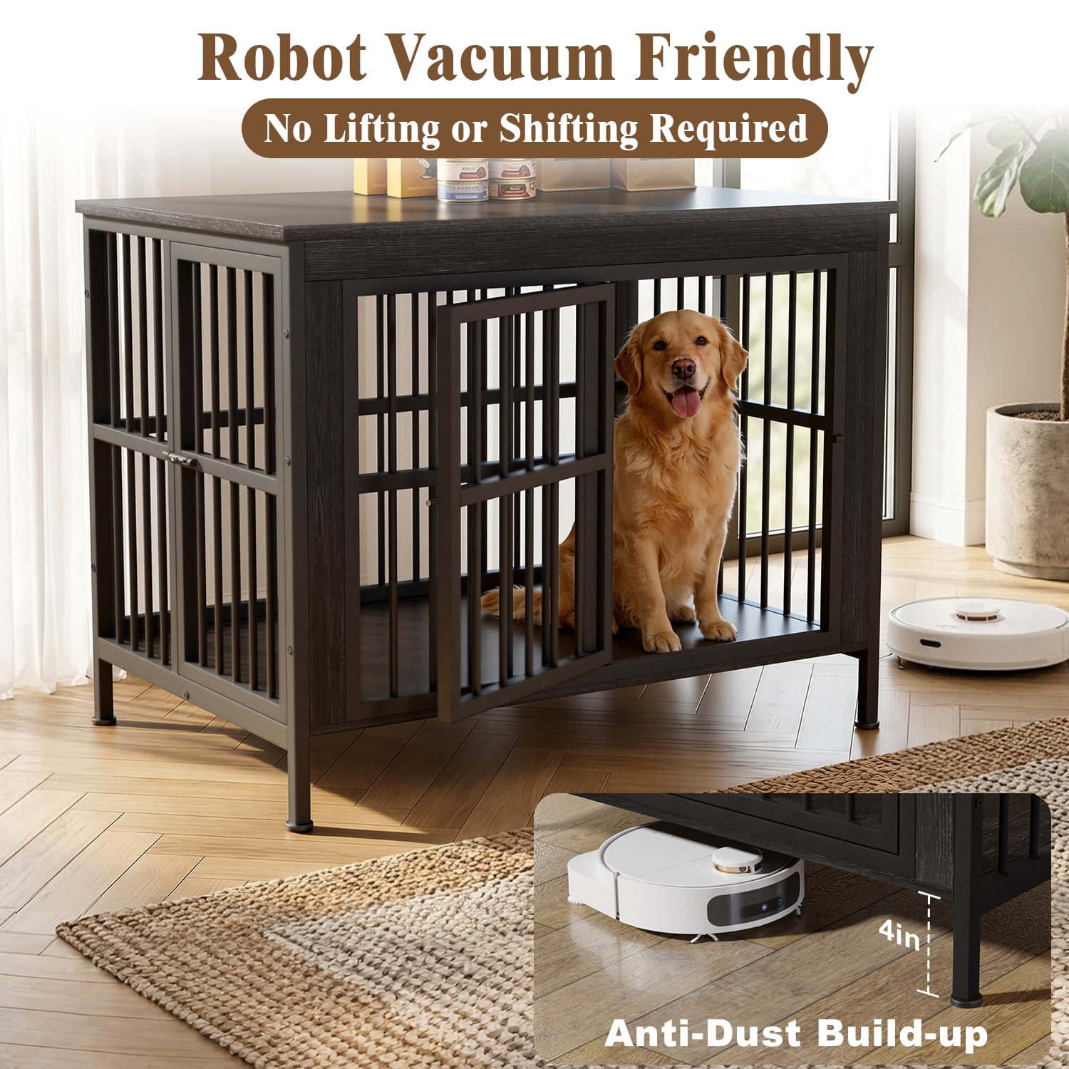 Ironovahome 45" Dog Crate Furniture for Medium/Large Dogs, Heavy Duty Wooden Dog Crate with Double Doors & Safe Locks, XL Large Indoor Dog Kennel Pet House, Black