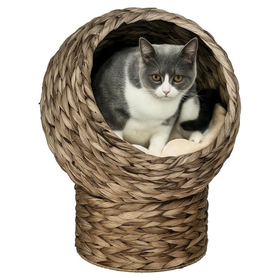Handwoven Elevated Cat Bed with Soft Cushion & Egg Chair Shape, Basket Bed Kitty House with Stand, Raised Wicker House for Indoor Cats, 20" H, Gray
