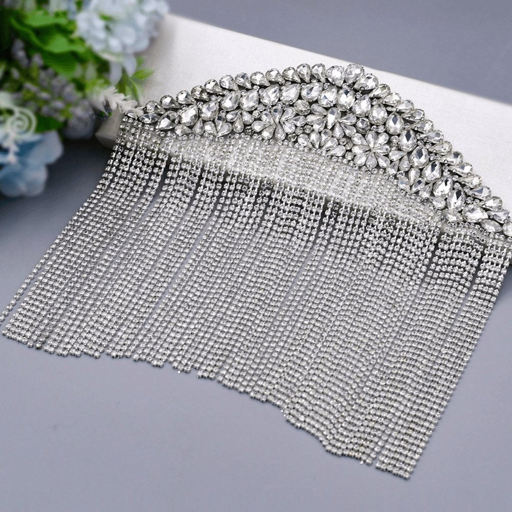 Jiibva 2 Pcs Rhinestone Tassel Shoulder Epaulet Crystal Fringe Chain Shoulder Badge Brooch Pins Appliques Patches for Men Women