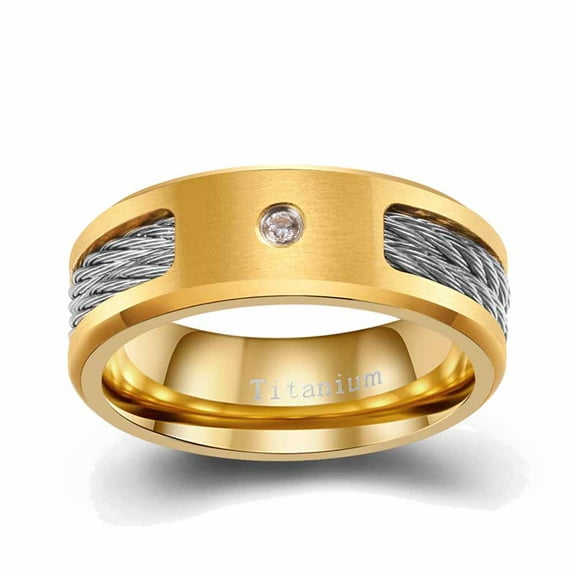 GY Steel cable Design Matte Yellow Gold Plated Titanium Steel Mens Ring Men Wedding Band AAA CZ Man Ring