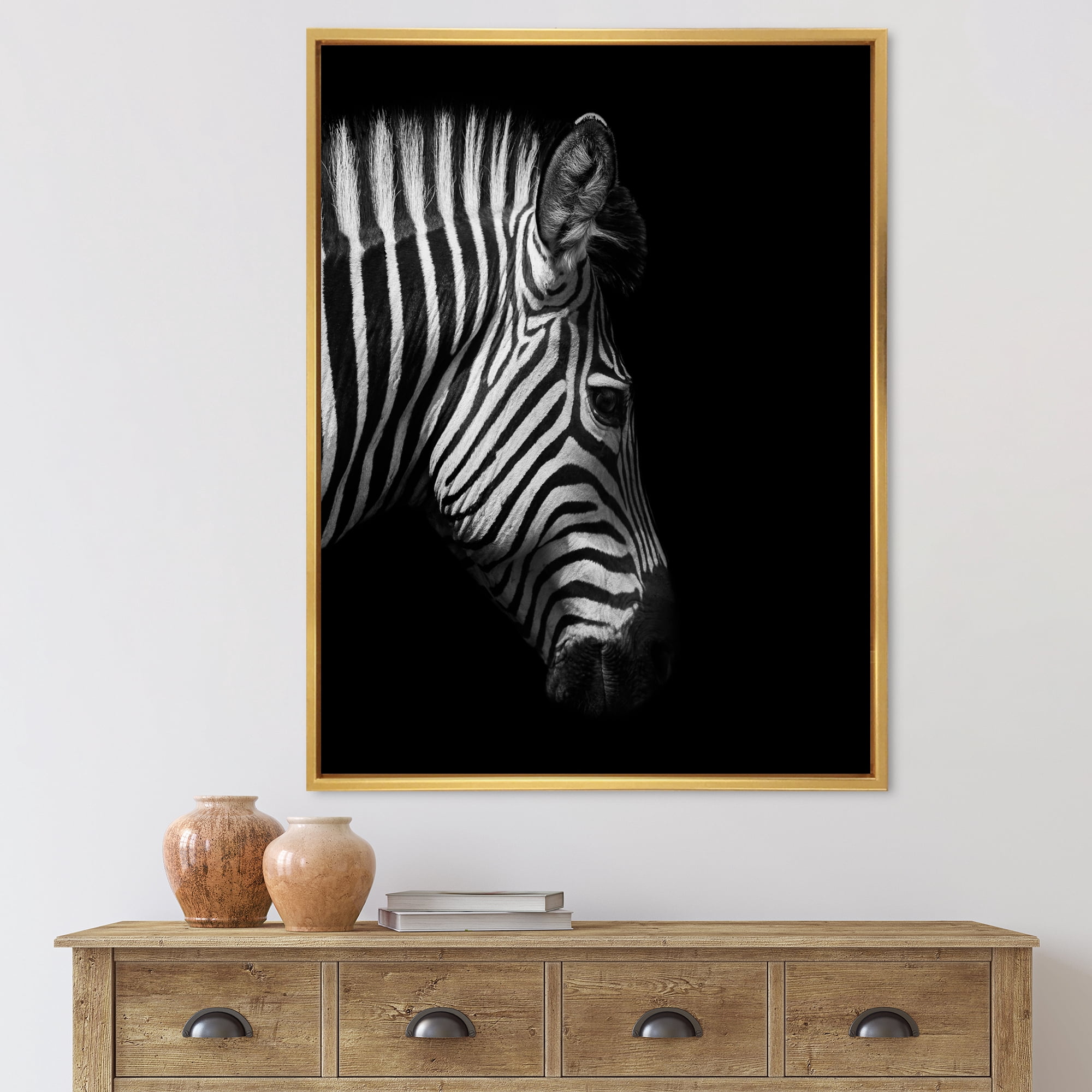 Designart 'Black and White Portrait of Zebra Head' Farmhouse Framed Canvas Wall Art Print