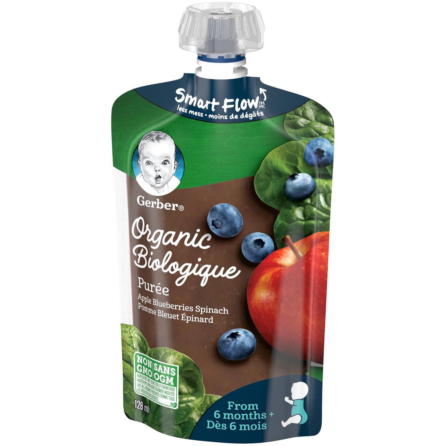 GERBER Organic Purée, Apple Blueberries Spinach, Baby Food, 128 mL