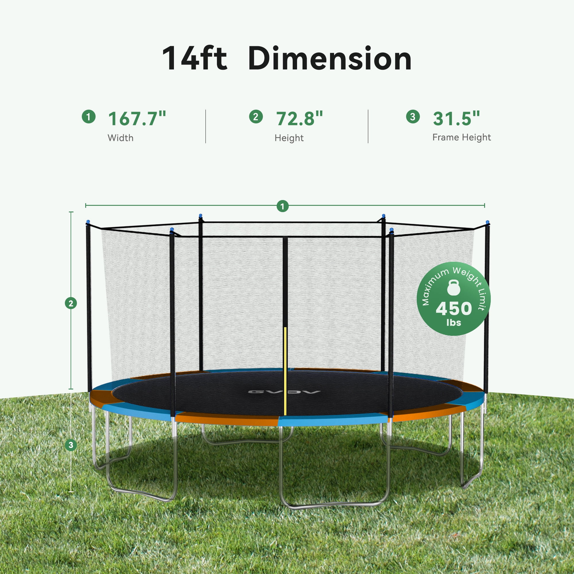 GVDV Outdoor Trampoline, 14' Backyard Recreational Trampoline with