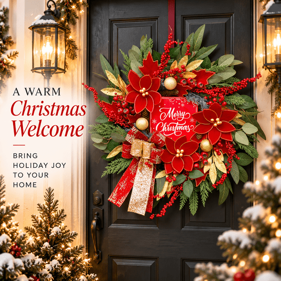 24 Inch Artificial Christmas Wreath with “Merry Christmas” Sign, Red Poinsettia Flowers, Red Berries, Gold Accents and Festive Ribbon Bow, Holiday Door Decor