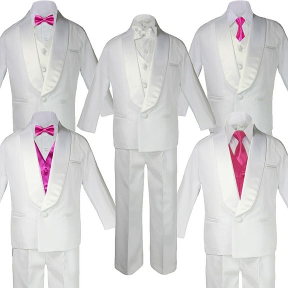 Baby White Satin Shawl Lapel Suits Tuxedo FUCHSIA PINK Satin Bow Necktie Vest