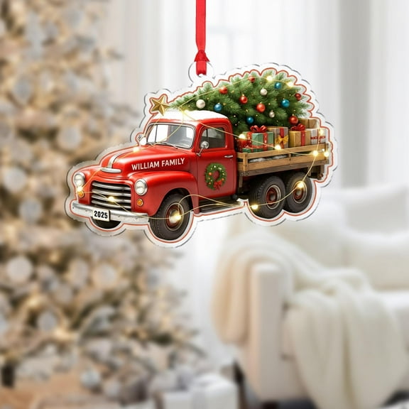 Personalized Red Vintage Truck Acrylic Christmas Ornament 2025 Custom Family Name Holiday Tree Decor, Classic Farmhouse Christmas Keepsake