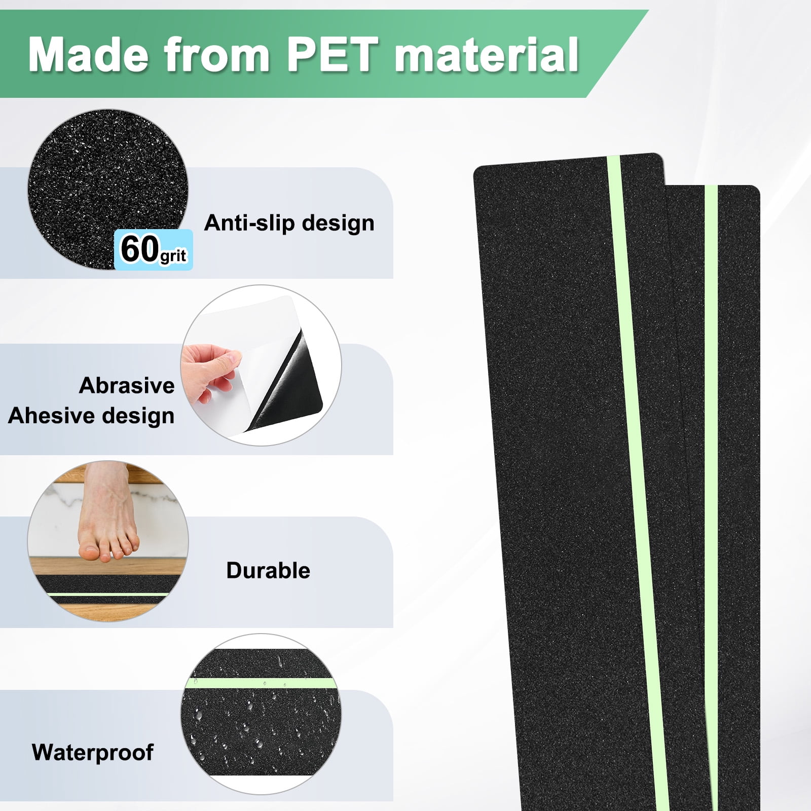 Uxcell 5-Pack Anti Slip Traction Tape 24 Inch X 6 Inch Best Grip Tape Grit with 12mm Glow in Dark Stripe Outdoor Non-Skid Tape for Stairs Step Black+Green