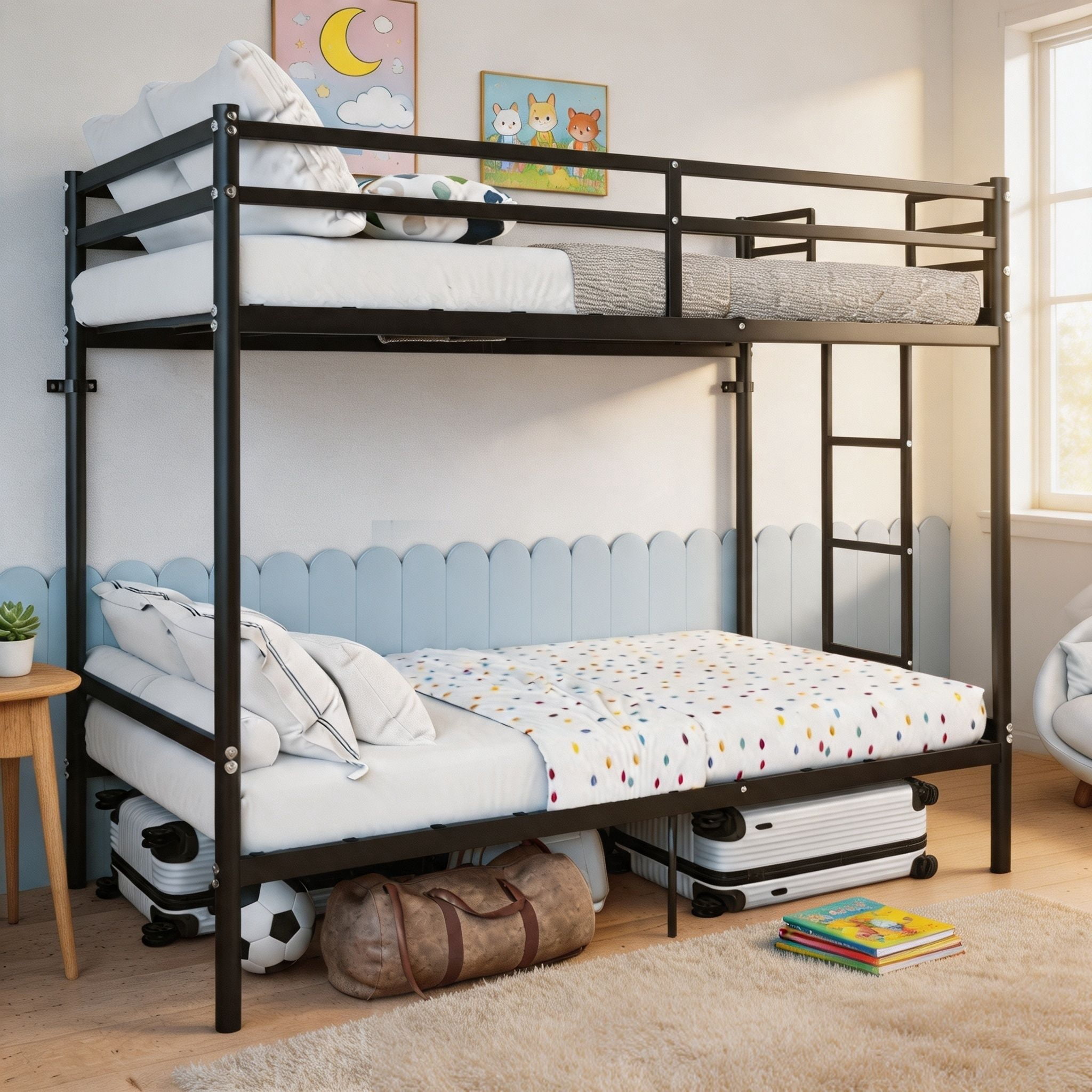 Alvantor Convertible Twin over Twin Metal Bunk Bed with Ladder, Guardrails, Black