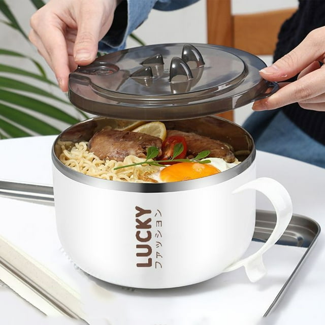 Meitianfacai Stainless Steel Instant Bowl With Lid Dormitory Instant Bowl Tableware Lunch Box Students Soup Bowl Rice Bowl Can Fresh Box, white