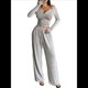 thumbnail image 2 of Conjuntos de Dos Piezas de Otoño para Mujer, Camiseta de Larga con Cuello en V y Pantalones Anchos, Conjuntos de Chándal Informal. Gris S, 2 of 9