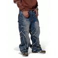 thumbnail image 2 of Reppunk Men's Vintage Blue Spider Web Embroidered Frayed Patch Wide Leg Baggy Jeans, Raw Edge Layered Stacked Denim Pants, Streetwear Business Casual Daily Commute Trousers, 2 of 10