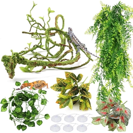 Reptile Plants, Smlper 5Pcs Terrarium Hanging Plant Vines Artificial Leaves Reptile Hide, Leopard Gecko Tank Accessories, Terrarium Decorations for Bearded Dragon Lizard Snake Geckos Chameleon