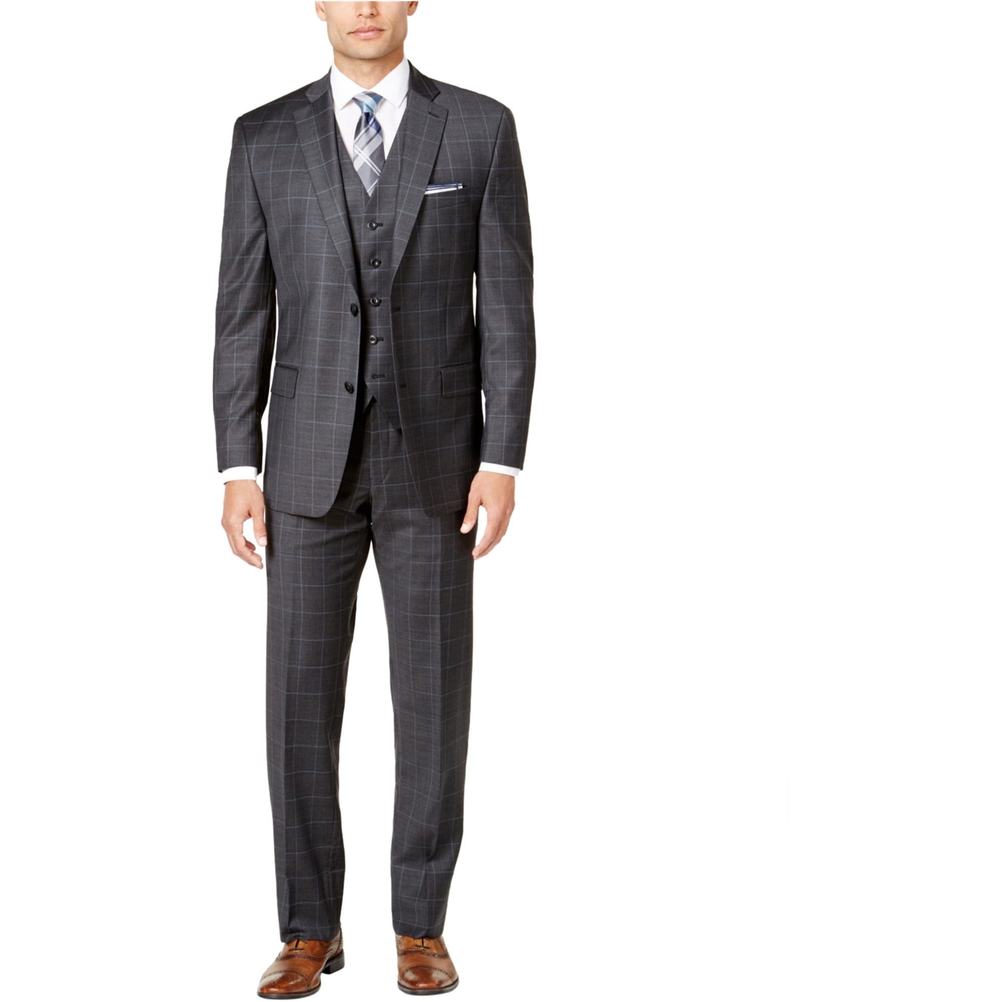 Michael Kors Men s Classic Fit Dark Gray Blue Windowpane Vested Suit Dark Grey