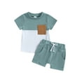 thumbnail image 2 of Yunliwuli 2Pcs Toddler Boy Summer Outfits, Short Sleeve Contrast Color T-Shirt + Pocket Shorts Set, 2 of 9