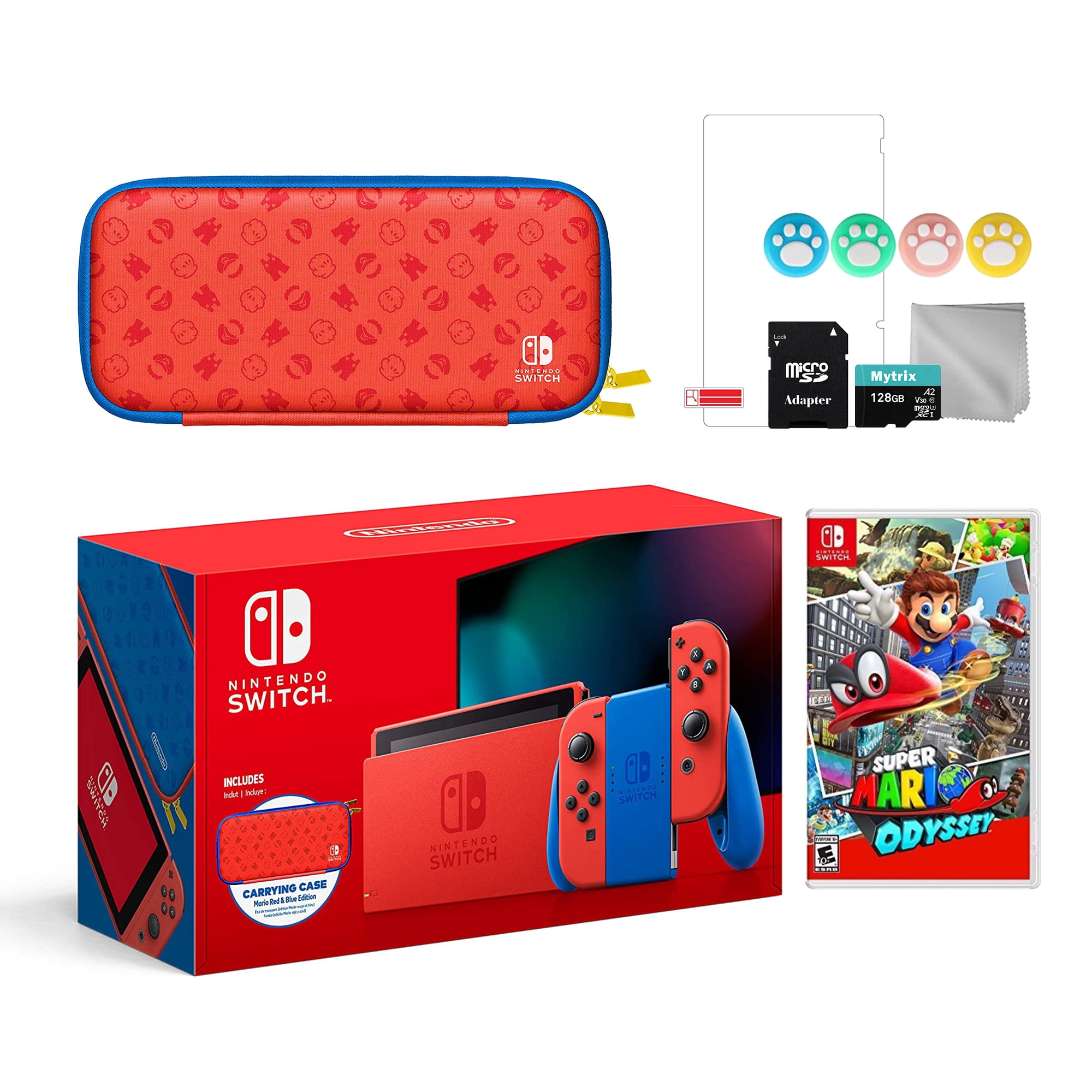 21 New Nintendo Switch Mario Red Blue Limited Edition With Mario Iconography Carrying Case And Screen Protector Bundle With Super Mario Odyssey And Mytrix Accessories Walmart Com