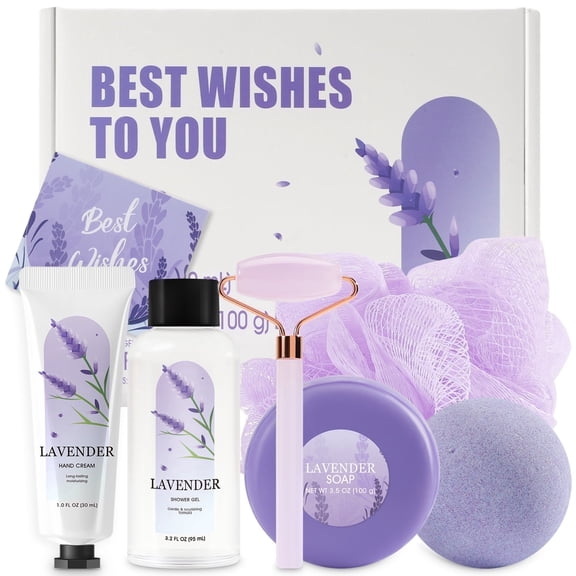 Gift Sets for Women Mothers Day Birthday Ideas - 7 Pcs Lavender Bath Sets with Greeting Card, Relaxing Self Care Gifts for Her