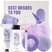 Gift Sets for Women Birthday Ideas - 7 Pcs Lavender Bath Set with Greeting Card, Relaxing Self Care Kits, Thank You Gifts for Her