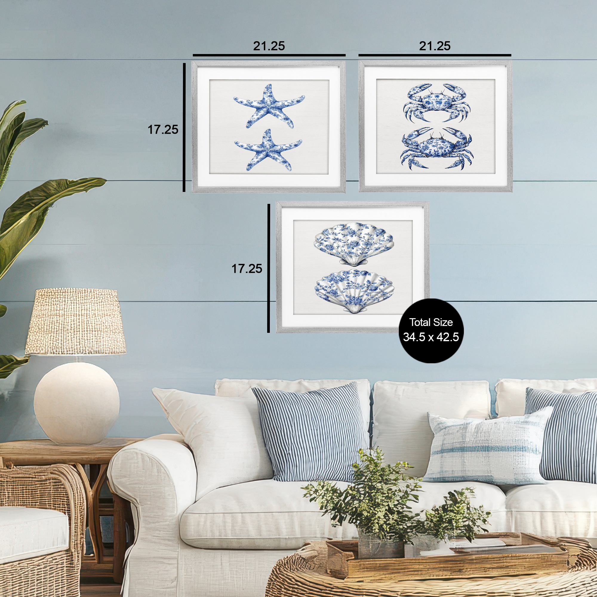 Vintage Toile Starfish & Crabs 3 Piece Gray Framed Print Under Glass Set, design by Lettered and Lined